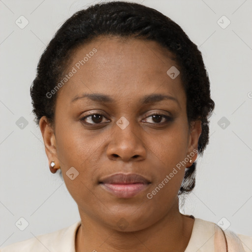 Neutral black young-adult female with short  brown hair and brown eyes