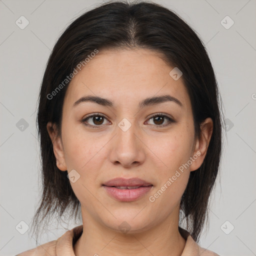 Joyful white young-adult female with medium  brown hair and brown eyes