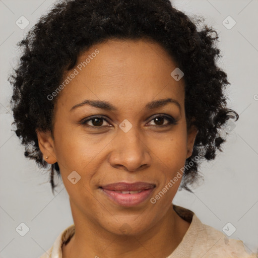 Joyful black adult female with short  brown hair and brown eyes