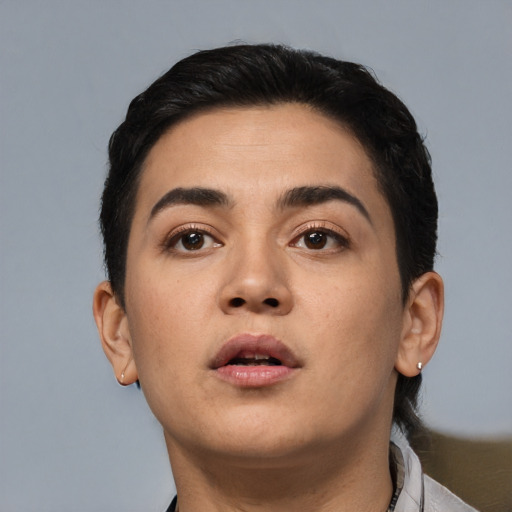 Neutral asian young-adult female with short  brown hair and brown eyes
