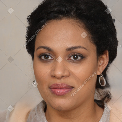 Joyful latino young-adult female with long  brown hair and brown eyes