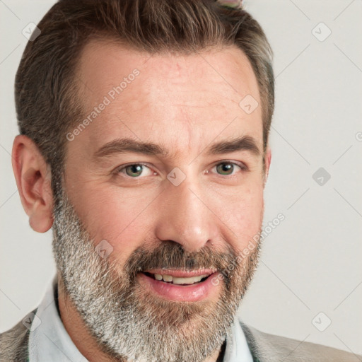 Joyful white adult male with short  brown hair and grey eyes