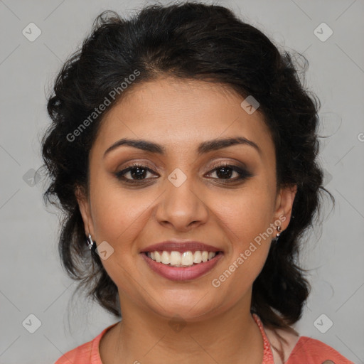 Joyful latino young-adult female with medium  brown hair and brown eyes