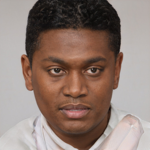 Joyful black young-adult male with short  brown hair and brown eyes