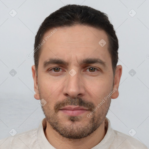 Neutral white adult male with short  brown hair and brown eyes