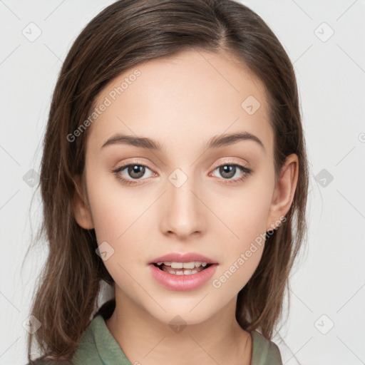 Neutral white young-adult female with long  brown hair and brown eyes