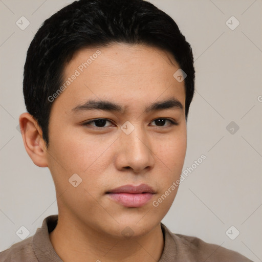 Neutral asian young-adult male with short  black hair and brown eyes