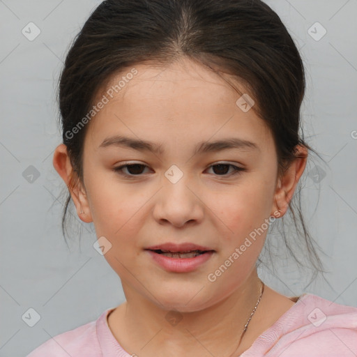 Joyful white child female with medium  brown hair and brown eyes