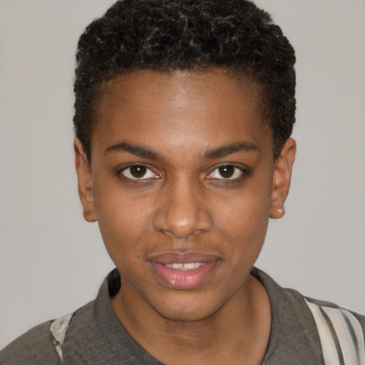 Neutral black young-adult female with short  black hair and brown eyes