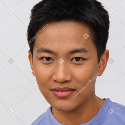 Joyful asian young-adult male with short  brown hair and brown eyes