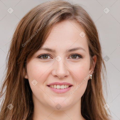 Joyful white young-adult female with long  brown hair and green eyes