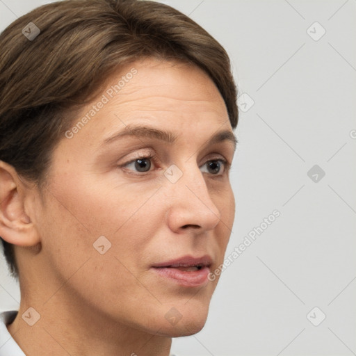 Neutral white young-adult female with short  brown hair and brown eyes