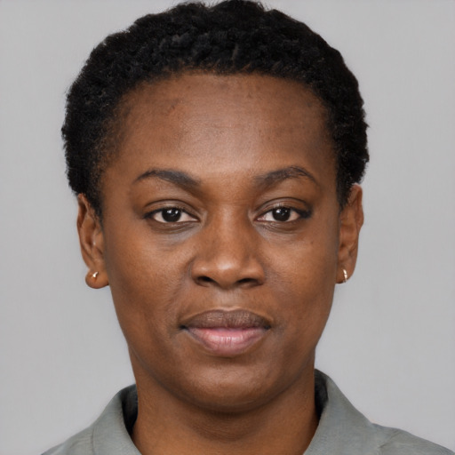 Neutral black young-adult female with short  black hair and brown eyes