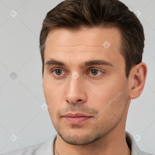 Neutral white young-adult male with short  brown hair and brown eyes