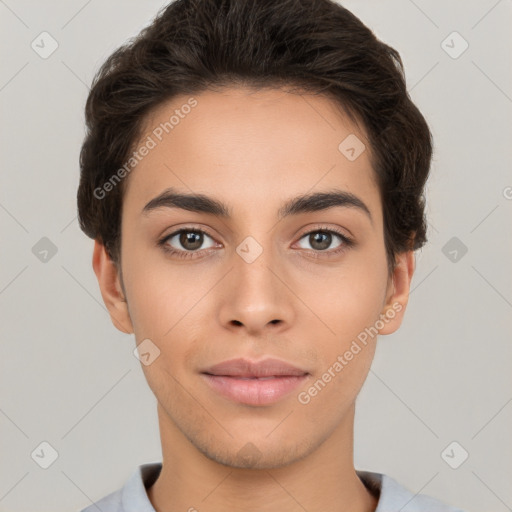 Neutral white young-adult female with short  brown hair and brown eyes