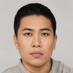 Neutral asian young-adult male with short  black hair and brown eyes