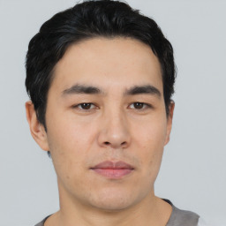 Neutral asian young-adult male with short  black hair and brown eyes