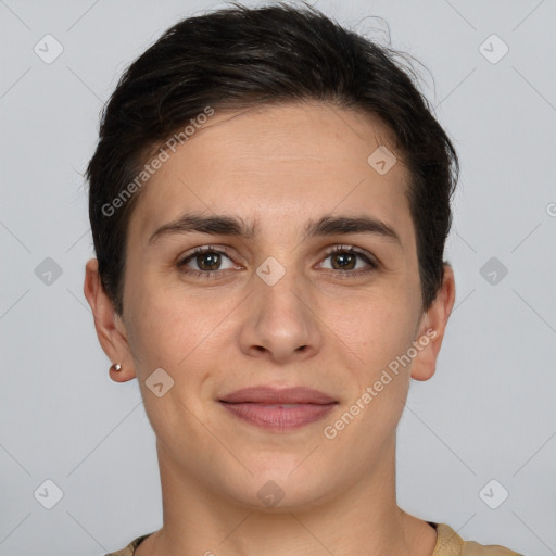 Joyful white young-adult female with short  brown hair and brown eyes