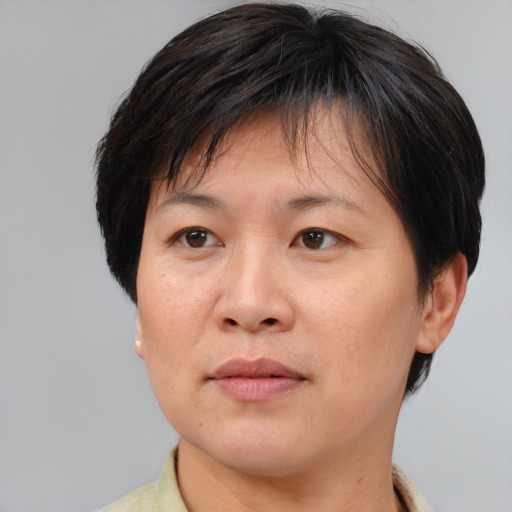 Neutral asian adult female with short  brown hair and brown eyes
