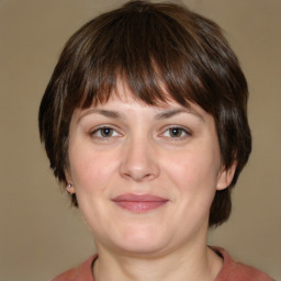 Joyful white adult female with medium  brown hair and grey eyes