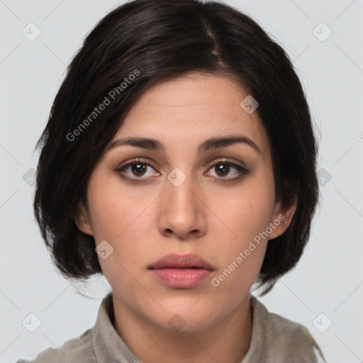 Neutral white young-adult female with medium  brown hair and brown eyes