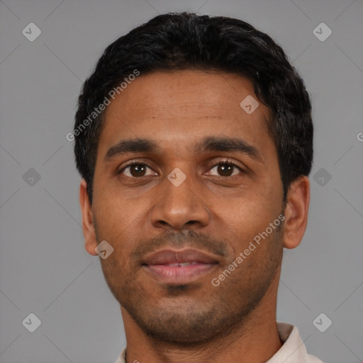 Neutral black young-adult male with short  black hair and brown eyes