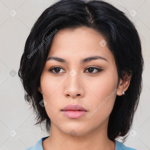 Neutral asian young-adult female with medium  black hair and brown eyes