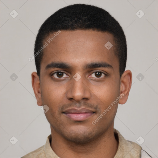 Neutral black young-adult male with short  black hair and brown eyes