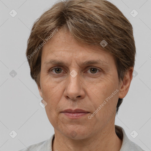 Neutral white adult female with short  brown hair and brown eyes