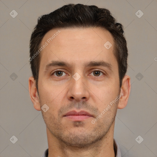 Neutral white adult male with short  brown hair and brown eyes