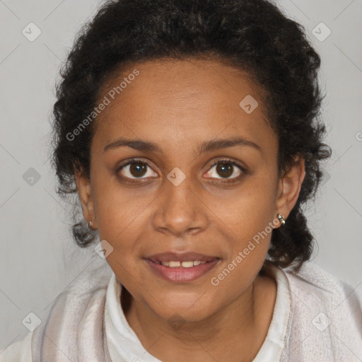 Joyful black young-adult female with medium  brown hair and brown eyes