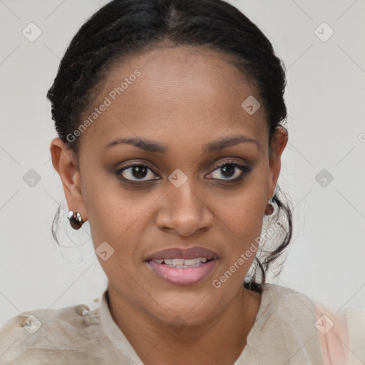Joyful black young-adult female with short  brown hair and brown eyes