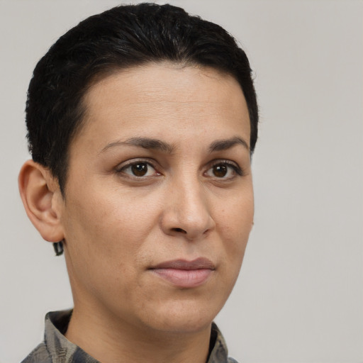 Neutral white young-adult female with short  brown hair and brown eyes