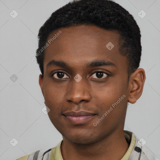 Neutral black young-adult male with short  black hair and brown eyes