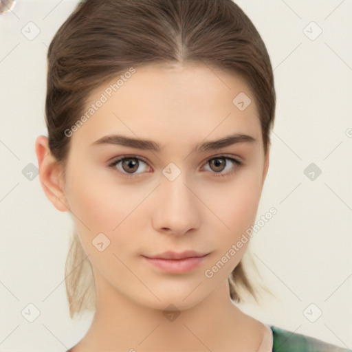 Neutral white young-adult female with medium  brown hair and brown eyes