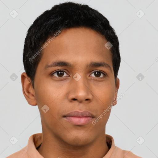 Neutral latino young-adult male with short  brown hair and brown eyes
