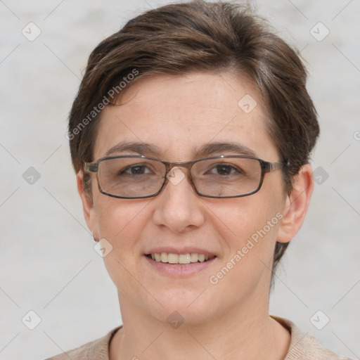 Joyful white adult female with short  brown hair and brown eyes