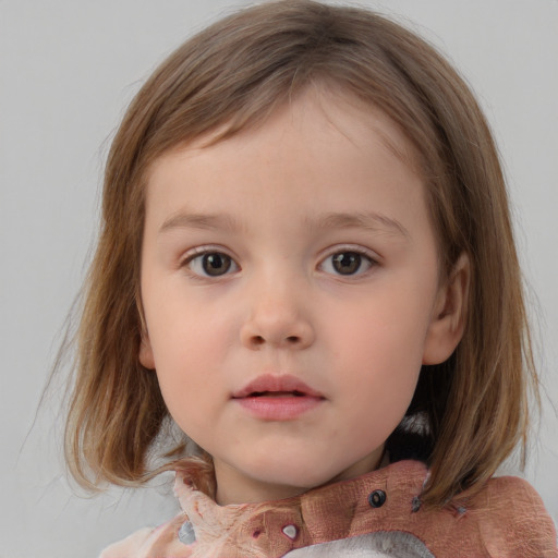 Neutral white child female with medium  brown hair and grey eyes