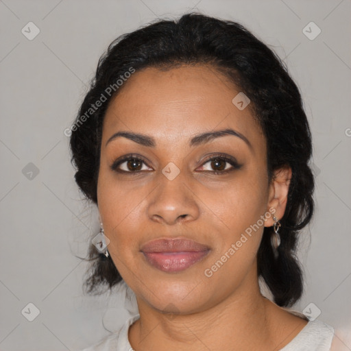 Joyful latino young-adult female with medium  black hair and brown eyes
