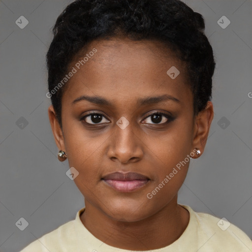 Neutral black young-adult female with short  black hair and brown eyes