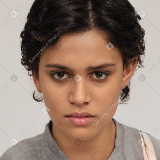 Neutral white young-adult female with short  brown hair and brown eyes