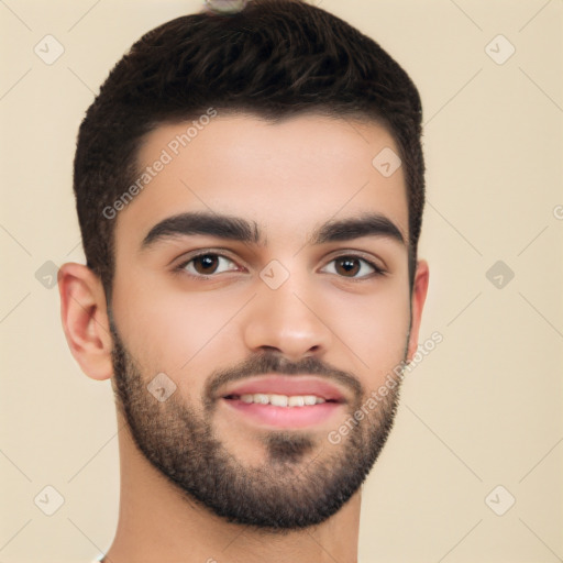 Joyful white young-adult male with short  black hair and brown eyes