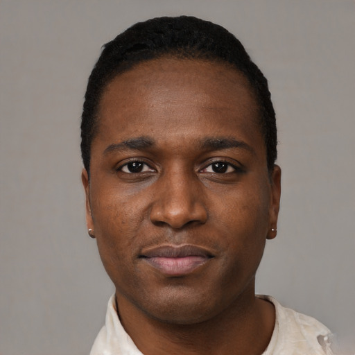 Neutral black young-adult male with short  black hair and brown eyes