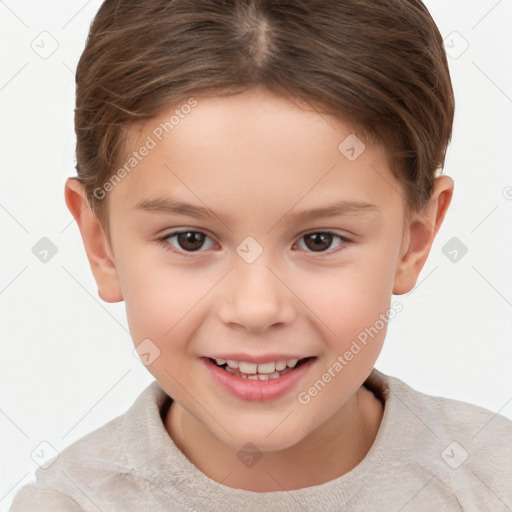 Joyful white child female with short  brown hair and brown eyes