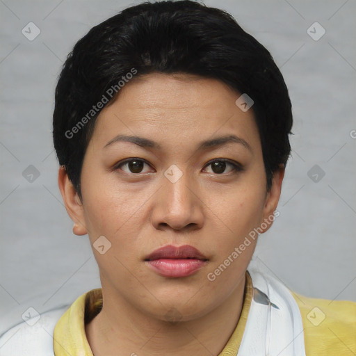 Joyful asian young-adult female with short  black hair and brown eyes