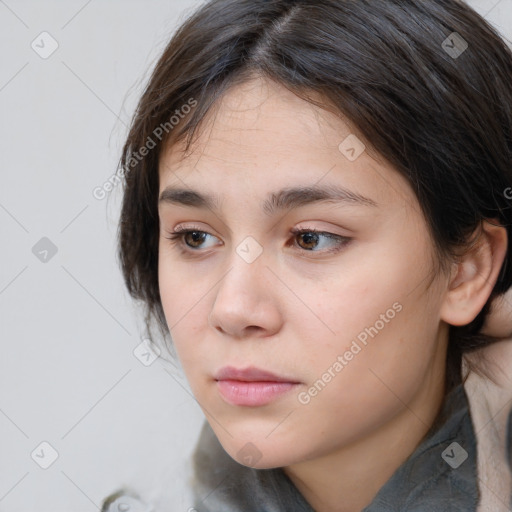 Neutral white young-adult female with medium  brown hair and brown eyes