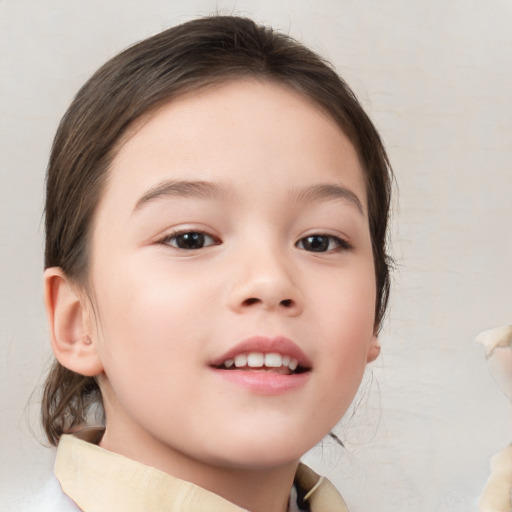 Joyful white child female with medium  brown hair and brown eyes