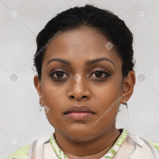 Neutral black young-adult female with short  brown hair and brown eyes