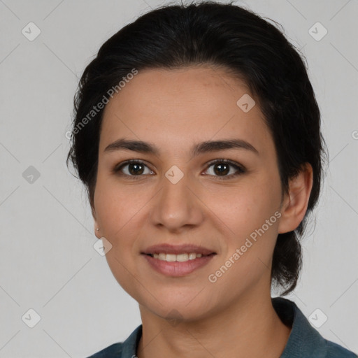 Joyful white young-adult female with medium  black hair and brown eyes