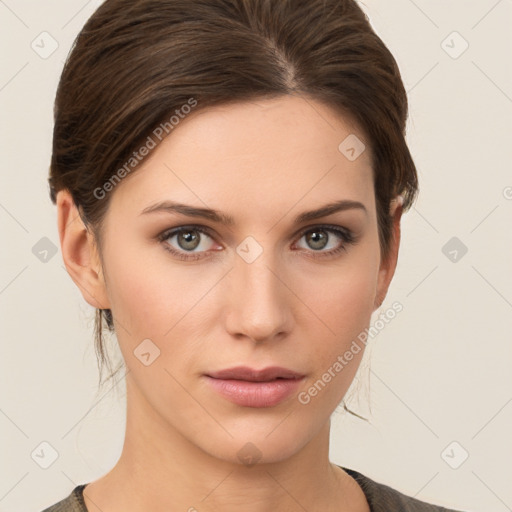 Neutral white young-adult female with medium  brown hair and brown eyes